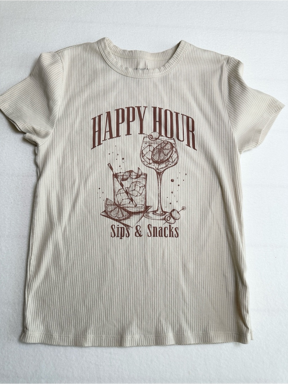 American Eagle Women’s Large Cream Playful Graphic "Happy Hour" Ribbed Tee